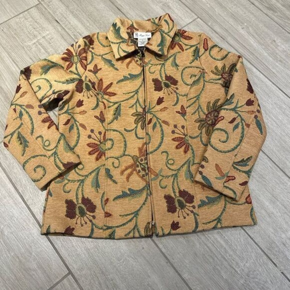 Maggie Sweet Women S Jacket Tan Floral Tapestry Zip Front Art to Wear Boho Woven